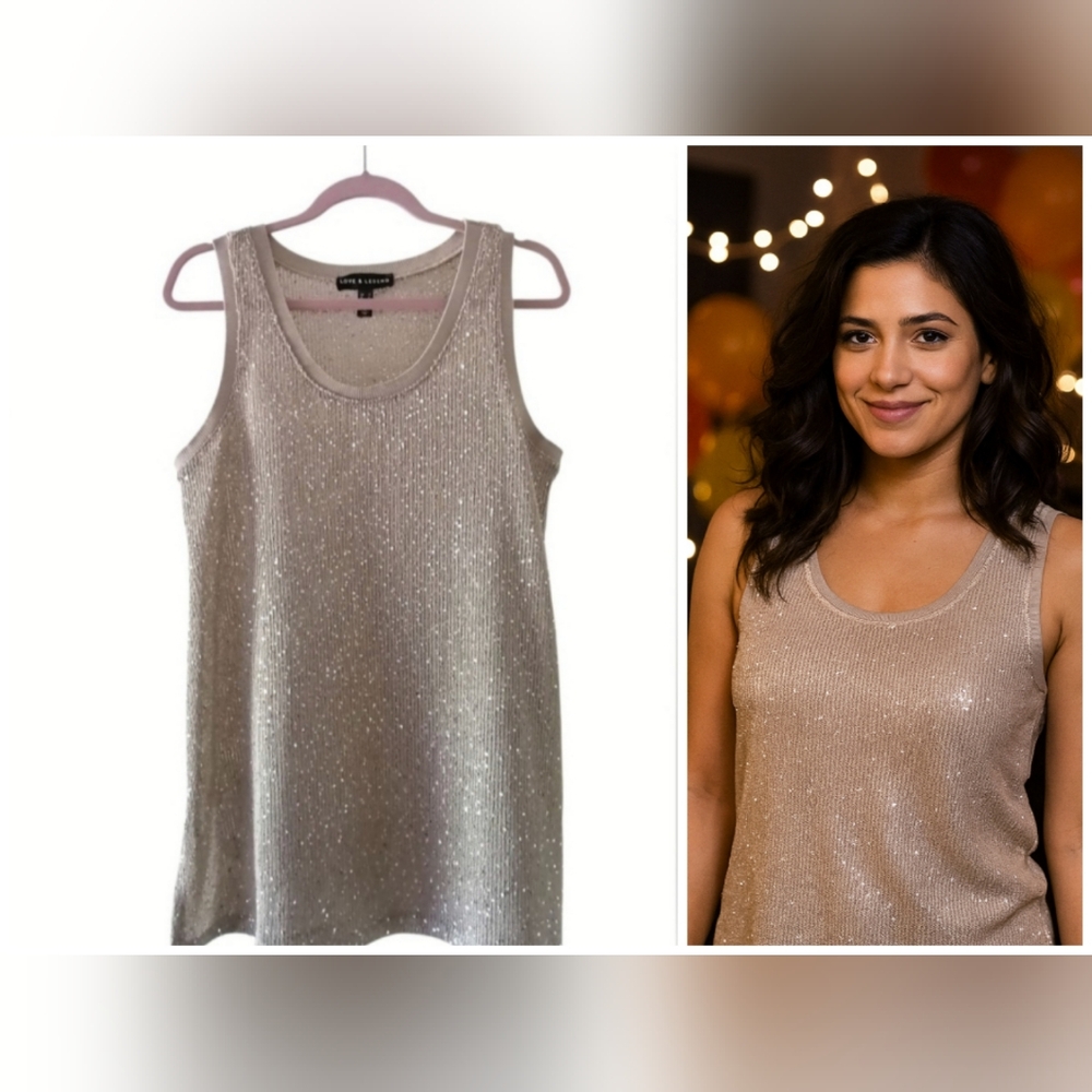 Sequin Sparkle Scoop Neck Cream Colour Sleeveless Tunic Tank Top